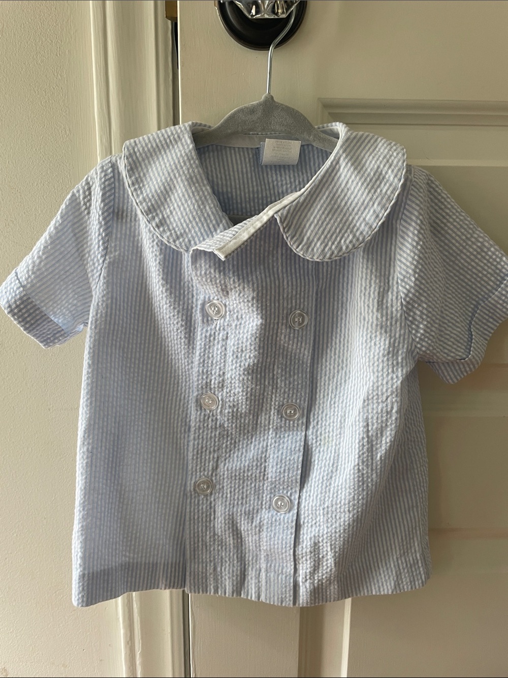Blue Striped Seersucker Peter Pan Collar Kids Button-Down Shirt